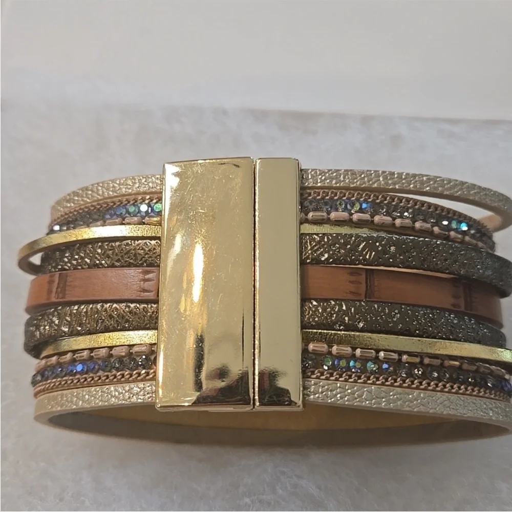 Gold Multi-Row Wrap Bracelet with Textured Button Closure